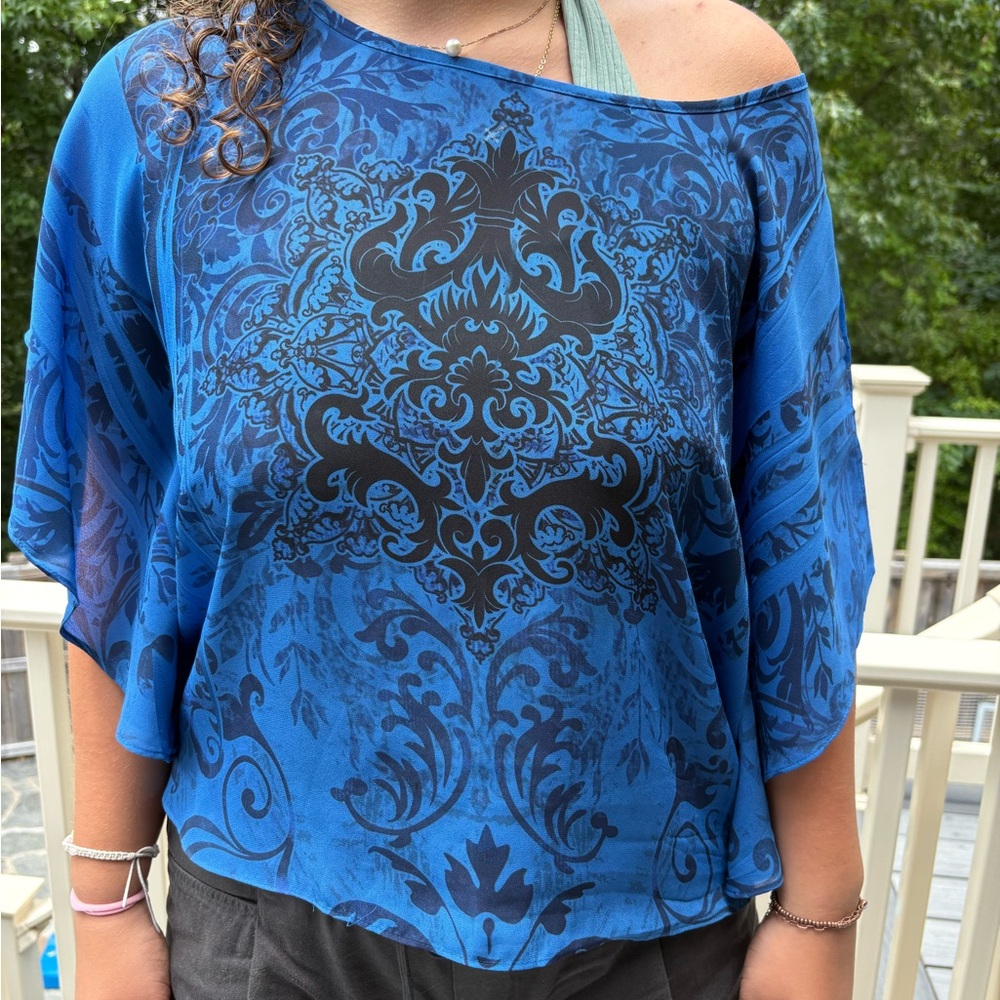 dressbarn Blue and Black Patterned Blouse